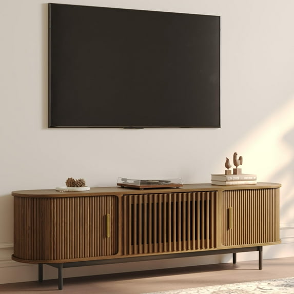 POVISON-70.87"Mid-Century Modern Tambour Door TV Stand, Walnut Color TV Console, Ash Rolling Door Media Console with legs