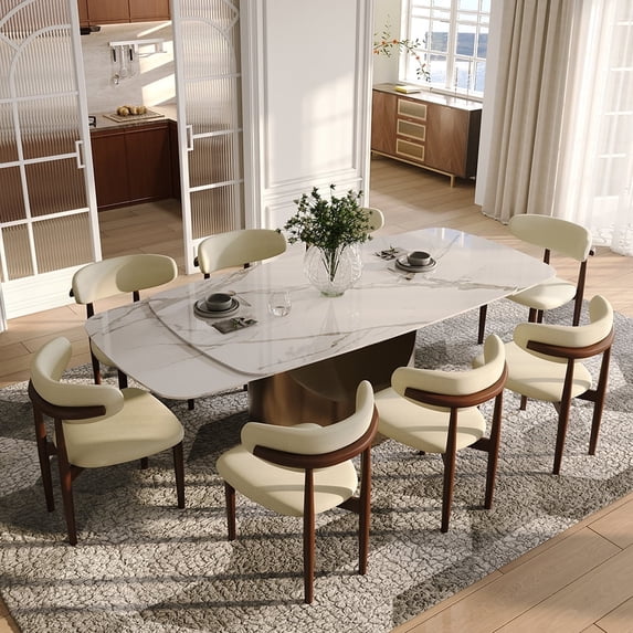POVISON 71"-95"Extendable Hobart Modern Dining Table for 6-10, White Rectangular Glossy Sintered Stone Tabletop for Dining Room, Bronze Carbon Steel Leg