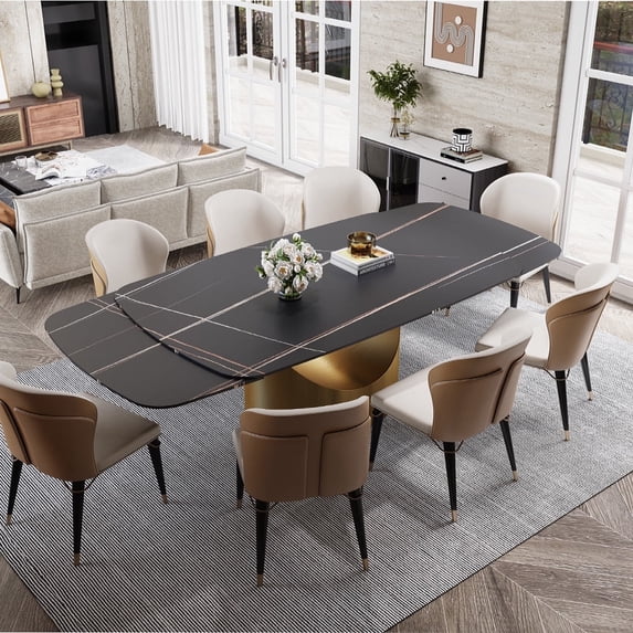POVISON 71"-95"Extendable Hobart Modern Dining Table For 6-10, Black Rectangular Matte Sintered Stone Tabletop, Bronze Carbon Steel Leg