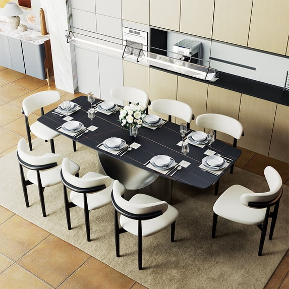 POVISON 71"-95" Extendable Modern Dining Table for 6-10, Rectangular Black Matte Sintered Stone Dining Table with Gray U-Shape Carbon Steel Pedestal