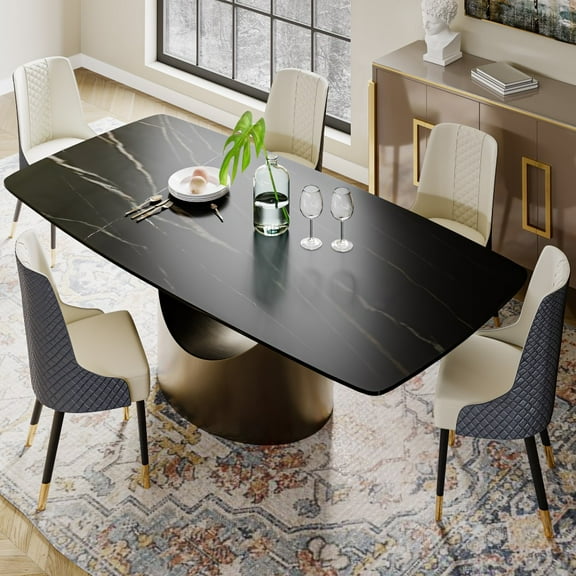 POVISON 71" Modern Dining Table for 4-6, Rectangular Matte Black Sintered Stone Dining Table with Bronze Carbon Steel Legs
