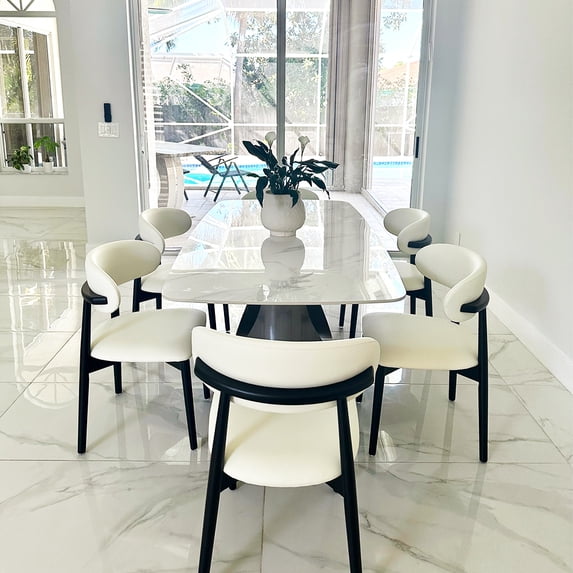 POVISON 71" Modern Dining Table for 4-6, Rectangular White Glossy Sintered Stone Dining Table with Bronze Carbon Steel Base