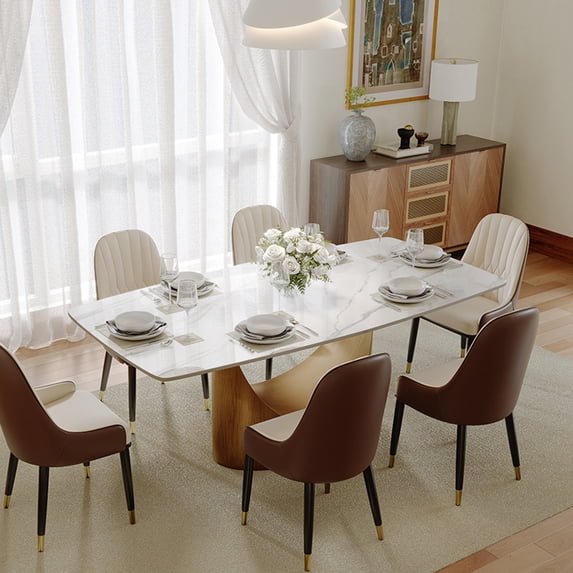 POVISON 71" Modern Dining Table for 4-6, Rectangular White Glossy Sintered Stone Dining Table with Bronze Carbon Steel Legs