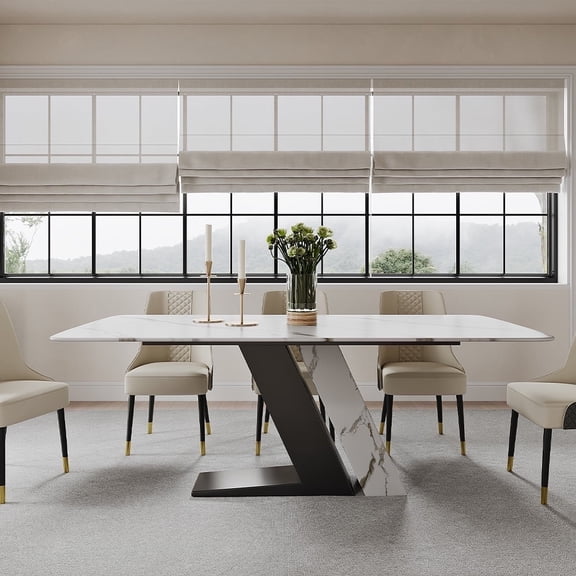 POVISON 71" Modern Luxury White Rectangular Dining Table with Glossy Sintered Stone Tabletop, White and Black Z-shaped Stainless Steel Base