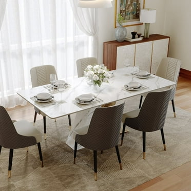 POVISON 71" Modern Luxury White Rectangular Dining Table with Glossy Sintered Stone Tabletop, White and Gold Z-shaped Stainless Steel Base