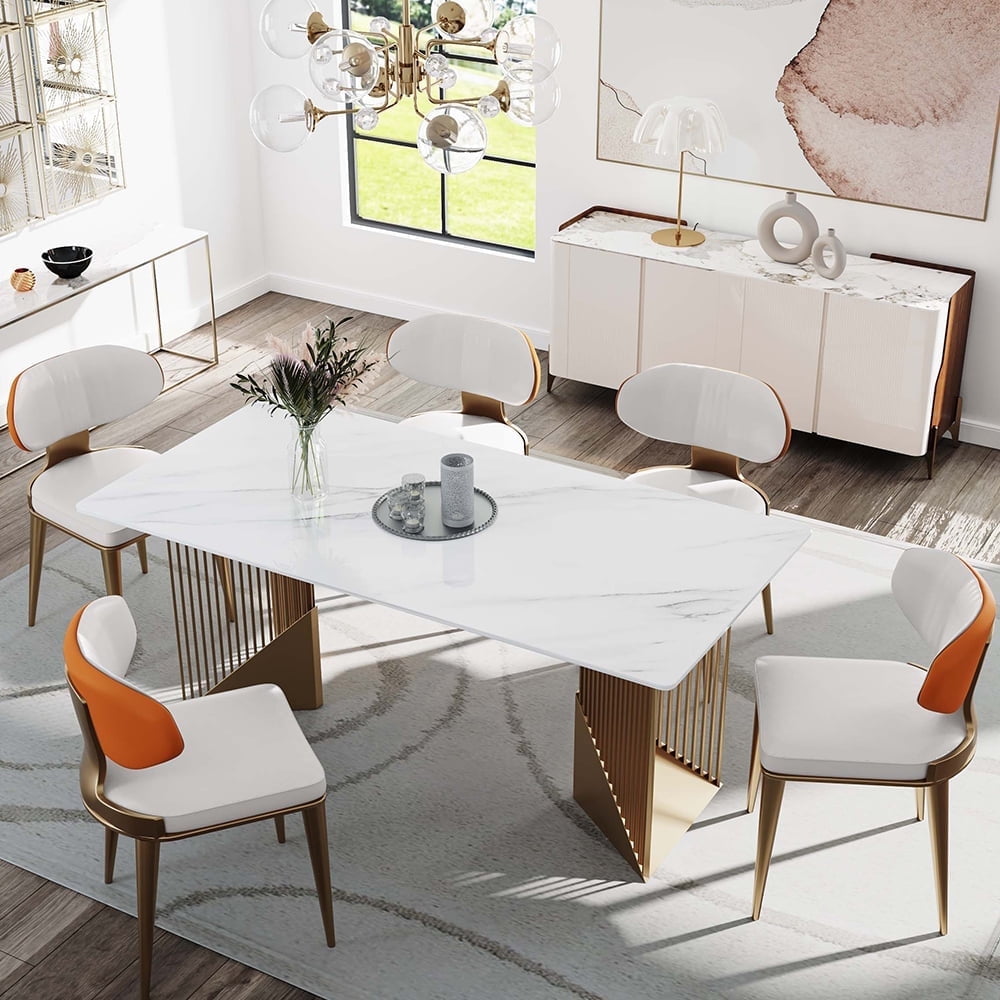 POVISON 71"Modern Minimalist Rectangular Table for 6, White Glossy ...