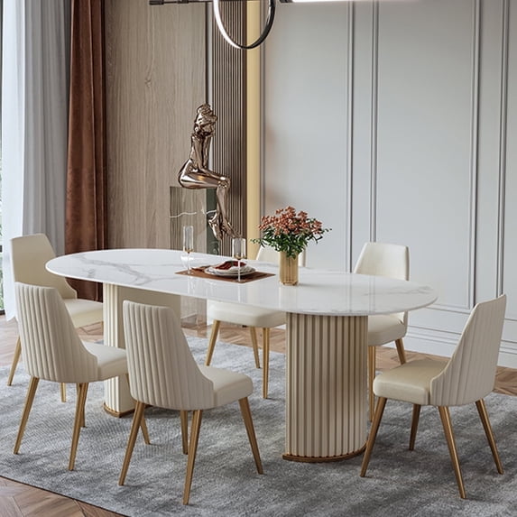POVISON 71"Modern Minimalist White Oval Dining Table for 4-6, Glossy Sintered Stone Tabletop, Roman Column Frame Table Legs