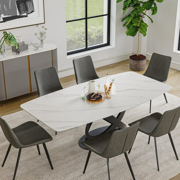 POVISON 71" Modern White Dining Table for 6, Sintered Stone Tabletop Kitchen Table, Solid Black Carbon Steel Base