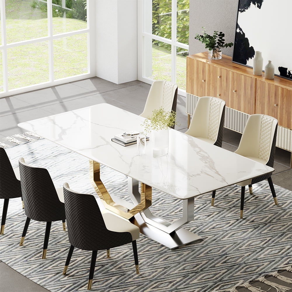 POVISON 71" Modern White Faux Marble Dining Table For 6， Rectangular ...