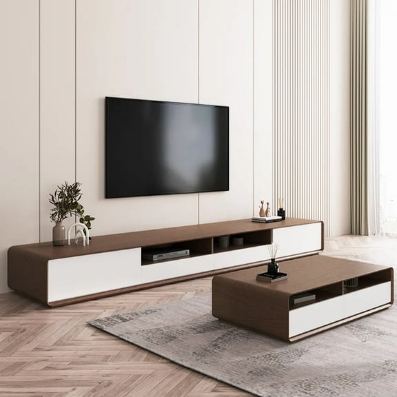 POVISON 78.74" Modern Wood White TV Stand,Lowline Media Console with 4 Drawers, Open Storage Cabinet, Walnut Veneer, Fully-assembled