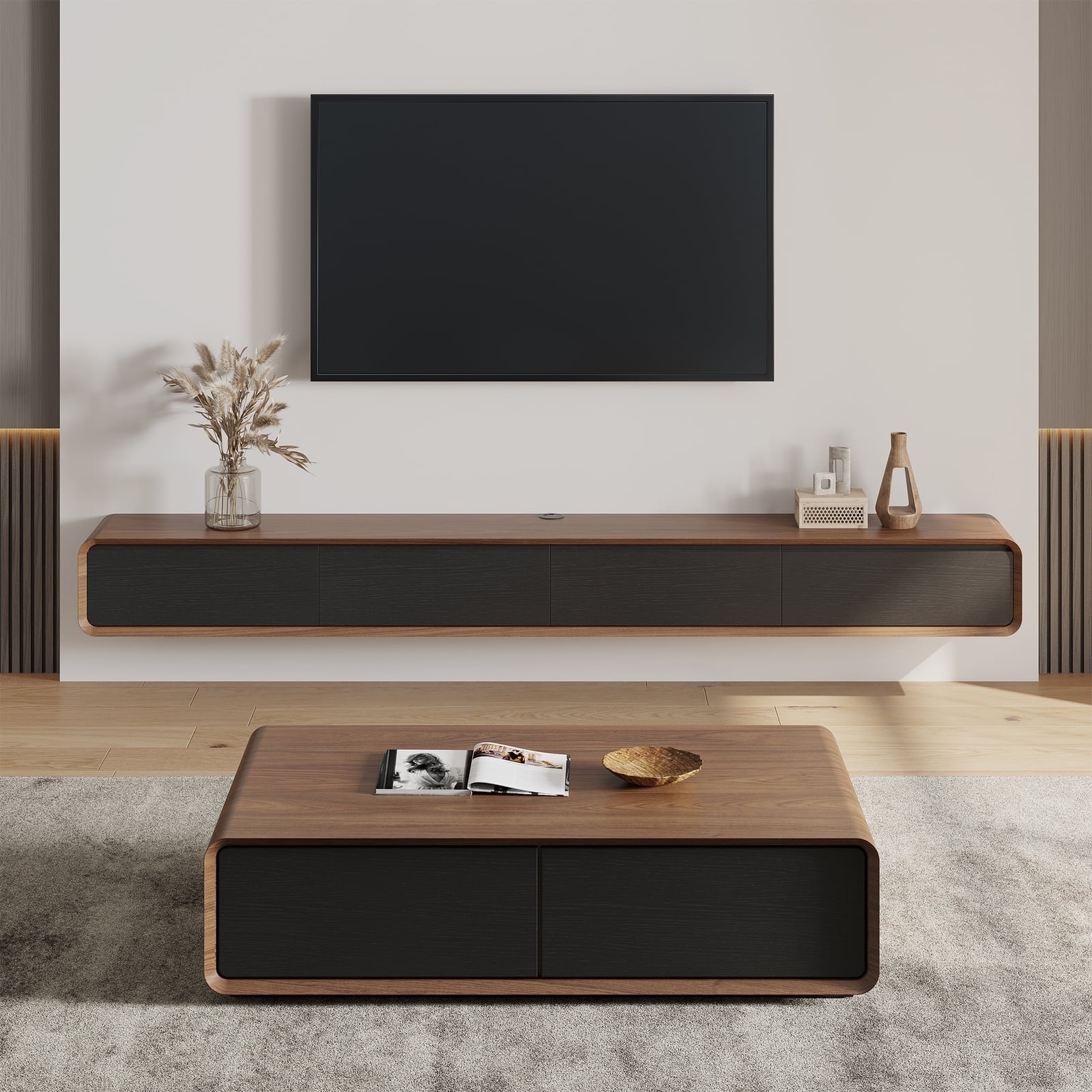 POVISON Minimalist Floating TV Stand Modern Wall Mounted Entertainment Center with 3 Drawers Walnut Veneer Media Console TV Console 62.99 Walmart