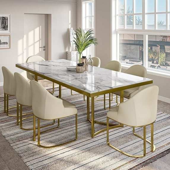 POVISON 79" Bura Modern Faux Marble Dining Table For 6-8,White Rectangular Tabletop Gold Stainless Legs