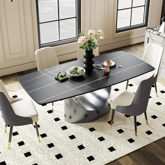 POVISON 79"Hobart Modern Minimalist Dining Table For 6-8, Balck Rectangular Matte Sintered Stone Tabletop, Bronze Carbon Steel Leg