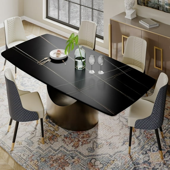 POVISON 79"Hobart Modern Minimalist Dining Table For 6-8, Black Rectangular Matte Sintered Stone Tabletop, Bronze Carbon Steel Leg