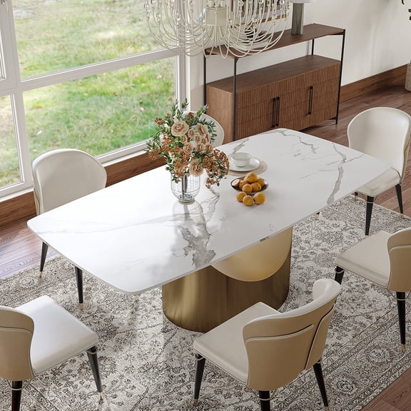 POVISON 79"Hobart Modern Minimalist Dining Table For 6-8, White Rectangular Matte Sintered Stone Tabletop, Bronze Carbon Steel Leg