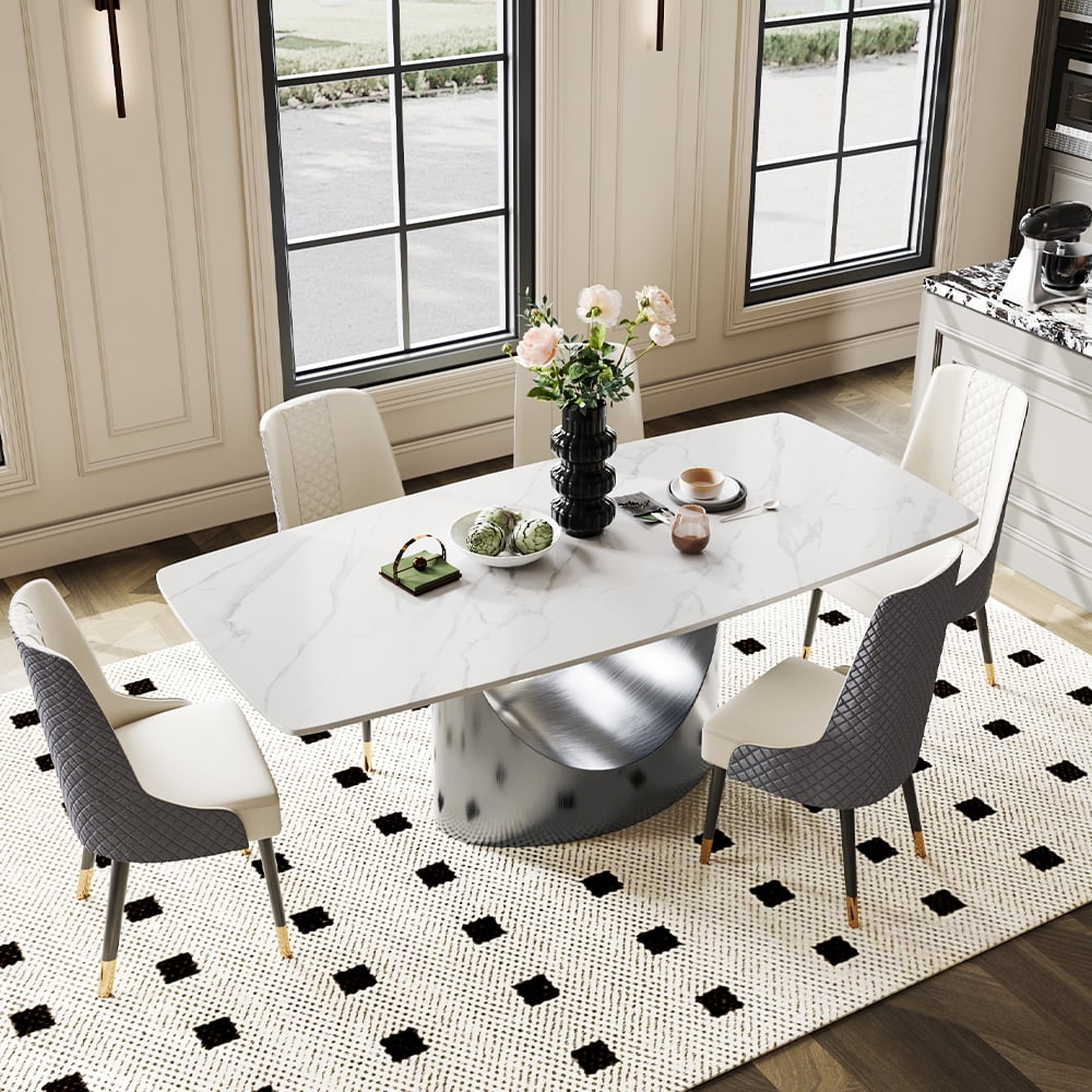 White Sintered Stone Rectangular Dining Table with Carbon Steel Base, 79 Inch