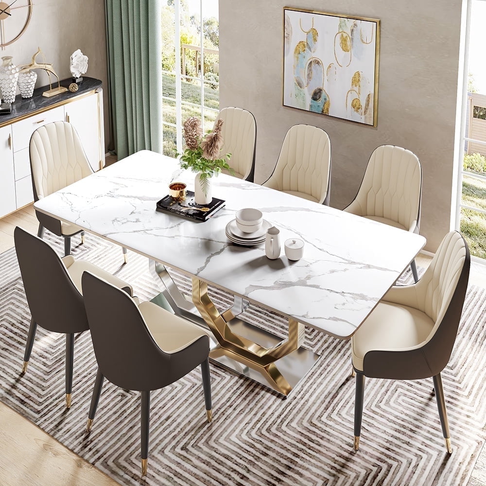 POVISON 79" Modern White Faux Marble Dining Table For 6-8， Rectangular ...