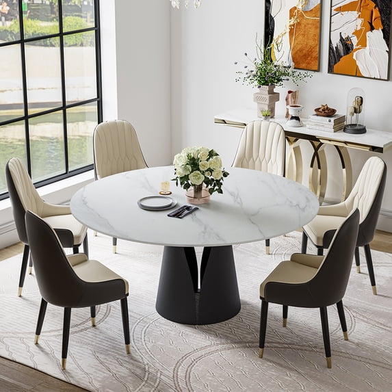 POVISON 7PCS Modern Dining Room Sets(59" Dining Table + 6 Chairs), Kitchen Furniture Round White Dining Table with Chairs, Round Dining Table Set for 6