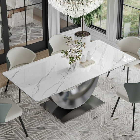 POVISON 87"Modern Minimalist White Dining Table for 8, with Rectangular Sintered Stone Tabletop, Crescent Moon Shape, Carbon Steel Base