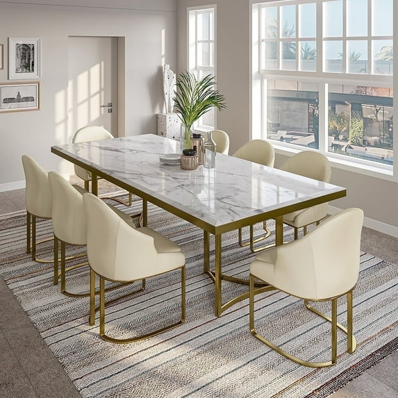 POVISON 91" Bura Modern Faux Marble Dining Table For 8,White Rectangular Tabletop Gold Stainless Legs
