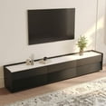 thumbnail image 1 of POVISON-94.49" Mid-Century Glossy Sintered Stone Tabletop TV Stand, Modern Entertainment Center, Black Cabinet with Adjustable Light, Fully-Assembled, Perfect for 85-inch TVs, 1 of 8