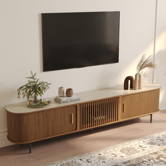 POVISON-94.49"Mid-Century Modern Matte Sintered Stone Tabletop TV Stand,Walnut Color Tambour Door Media Console,Rolling Door TV Console