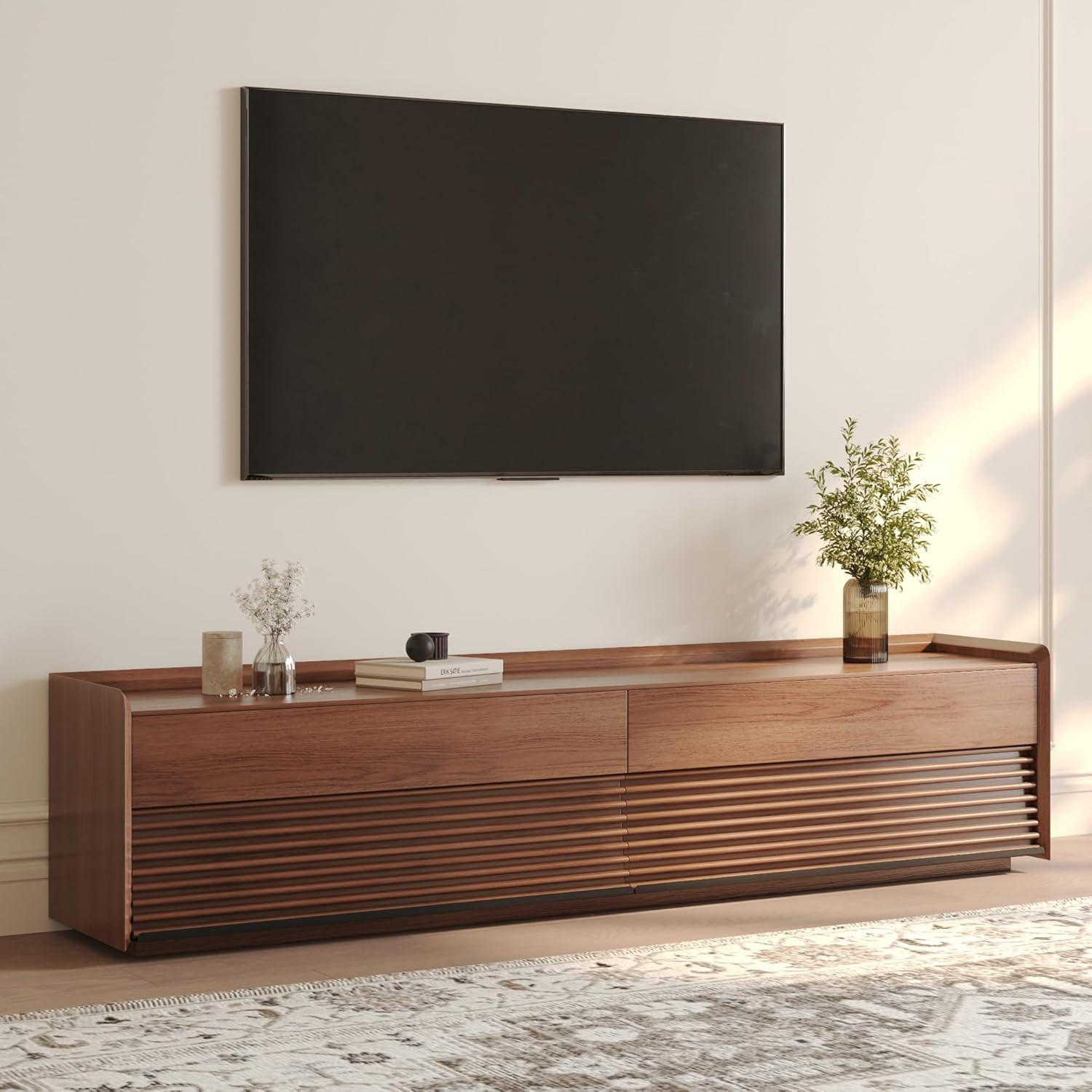 POVISON-94.49'' Mid-Century TV Stand, Modern Entertainment Center, Cabinet with Adjustable Light, Walnut, Fully-Assembled, Perfect for 85-inch TVs