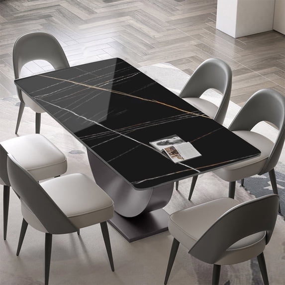 POVISON 94.5"Modern Minimalist Black Dining Table for 10, with Rectangular Sintered Stone Tabletop, Crescent Moon Shape, Carbon Steel Base