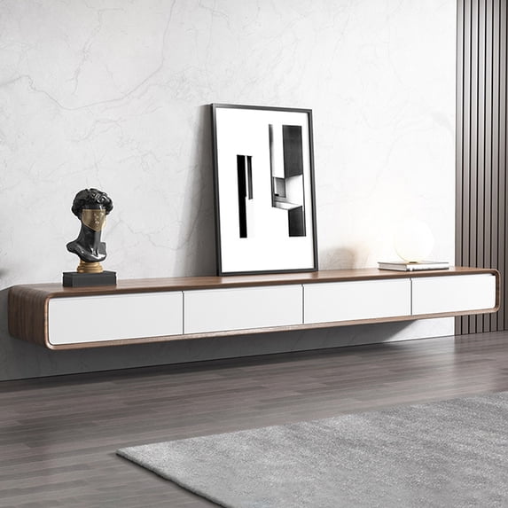 POVISON 94" Floating TV Stand for 80 Inch TV, Fully Assembled Modern Wall Mounted Entertainment Center with 4 Large Drawers, Extra Wide Media Console – Walnut & White