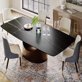POVISON 94"Hobart Modern Minimalist Dining Table For 8-10, Black Rectangular Matte Sintered Stone Tabletop, Bronze Carbon Steel Leg