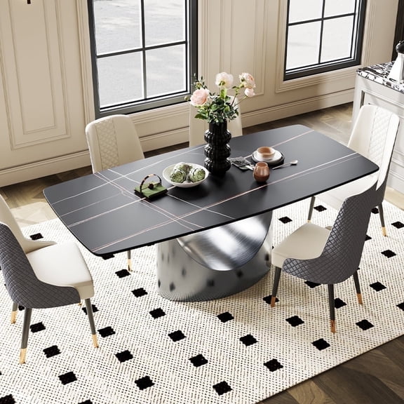 POVISON 94" Modern Rectangular Dining Table for 8-10 Luxurious Family , Black Matte Sintered Stone Tabletop with Gray Carbon Steel Pedestal for Dining Room (Table only)