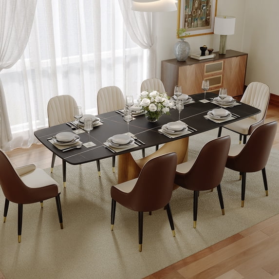 POVISON 94" Large Modern Dining Table for 8-10, Rectangular Matte Black Sintered Stone Dining Table with Bronze Carbon Steel Pedestal Base