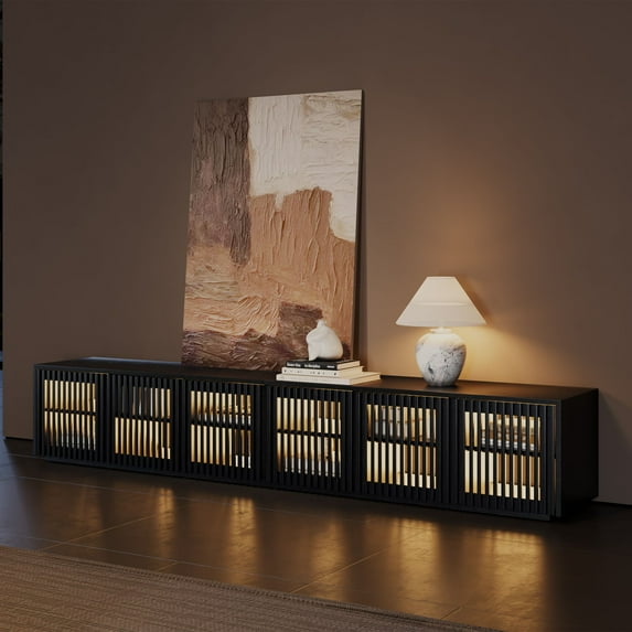 POVISON-95" Mid-Century Modern Wood Slatted TV Stand with LED lights, LED TV Stand, Black TV Console, Minimalist Entertainment Center, Perfect for 85-inch TVs