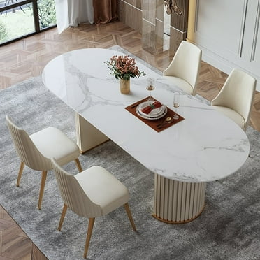 POVISON 95"Modern Minimalist White Oval Dining Table for 8, Glossy Sintered Stone Tabletop, Roman Column Frame Table Legs