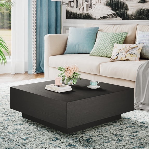 POVISON Mid Century Modern Coffee Table, Minimalist Wood Veneer Coffee Table with Storage for Living Room, Fully-assembled, 39.37", Black