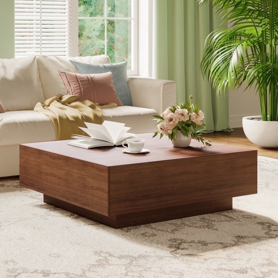 POVISON Mid Century Modern Coffee Table, Minimalist Wood Veneer Coffee Table with Storage for Living Room, Fully-assembled, 39.37", Brown