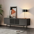 thumbnail image 1 of POVISON-Mid-Century Modern TV Stand, Minimalist Slatted Wood TV Console with 4 Cabinets and Black Tall-Cast Metal Feet, Black Oak, 1 of 8
