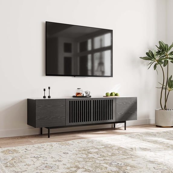 POVISON-Mid-Century Modern TV Stand with Sintered Stone, Minimalist Wood Media Console with Slatted Cabinet, Tall-Cast Metal Legs, Black Veneer, 70.87"
