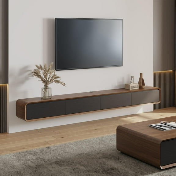 POVISON 94" Fully-Assembled Minimalist Floating TV Stand,Modern Wall-Mounted Entertainment Center with 4 Drawers TV Console for TVs up to 80",Walnut & Black