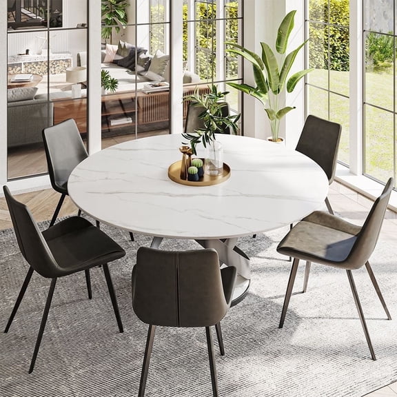 POVISON Modern Dining Table Sets (51.18"Table + 4 Chairs), Round Glossy Sintered Stone Dining Table with Dining Chairs