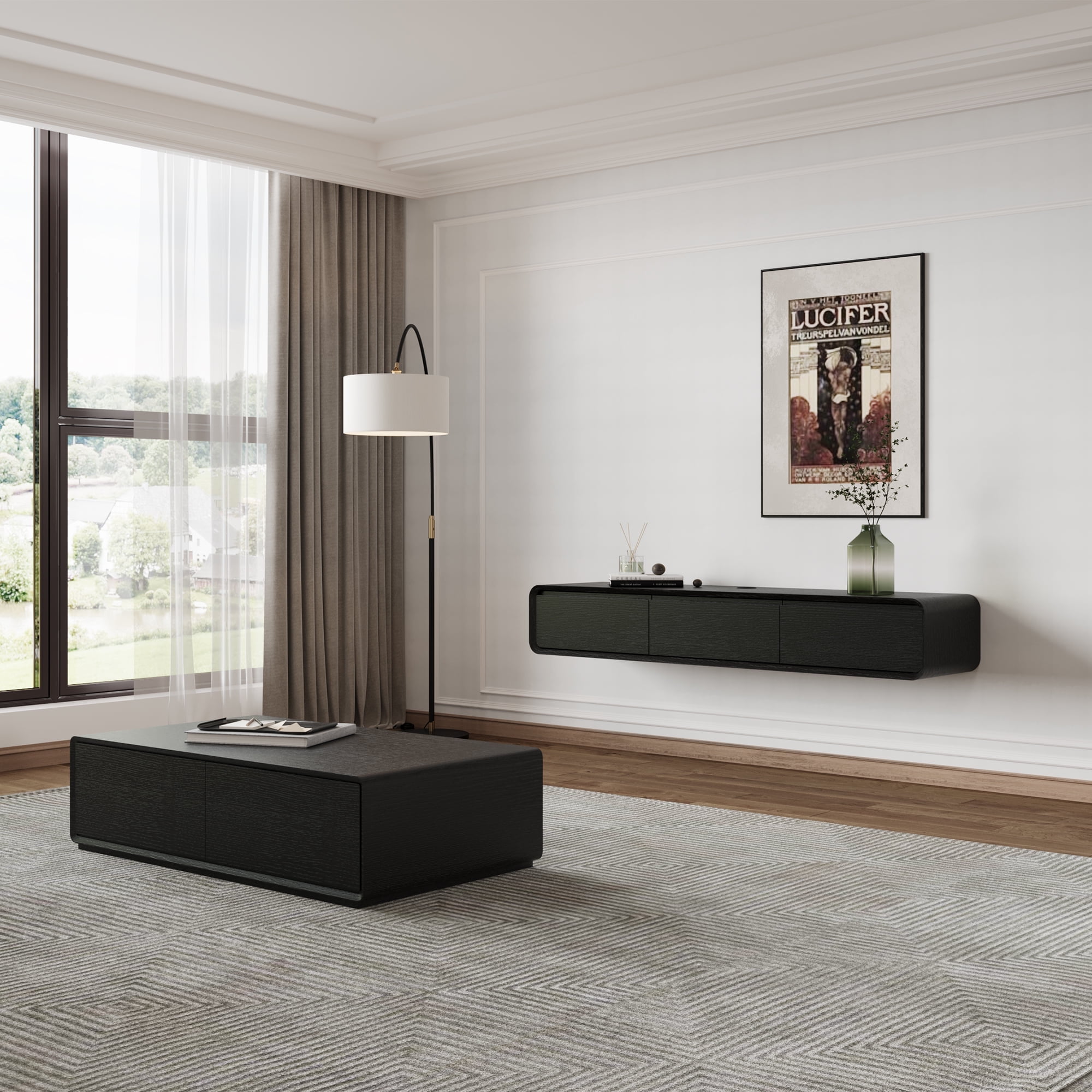 POVISON Modern Floating TV Stand with Coffee Table, Wood Living Room ...