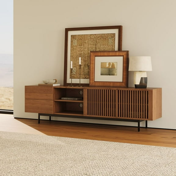 POVISON-Modern Louvered TV Stand, Mid-Century Entertainment Center with Solid Wood Slatted Doors, Open Storage,78.74"