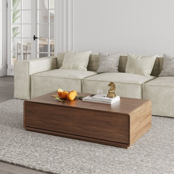 POVISON Modern Rectangular Coffee Table, Wood Coffee Table with Storage, 4 Solid Wood Drawers, Fully-Assembled, 51.18", Walnut