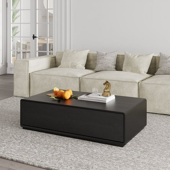 POVISON Modern Rectangular Coffee Table, Wood Coffee Table with Storage, 4 Solid Wood Drawers, Fully-Assembled, 51", Black