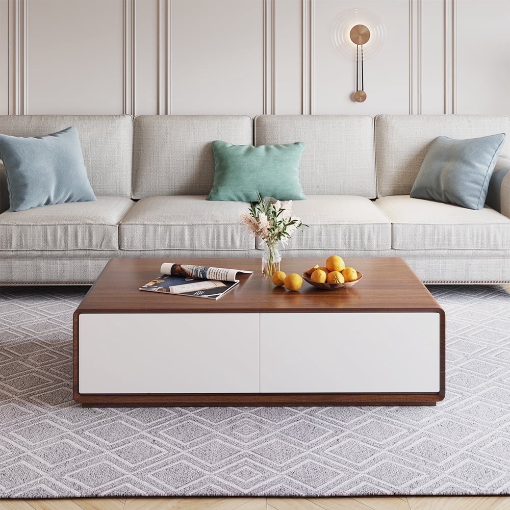 POVISON Modern Rectangular Coffee Table, Wood Coffee Table with Storage, 4 Solid Wood Drawers, Fully-Assembled, 51", Walnut White