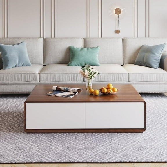 POVISON Modern Rectangular Coffee Table, Wood Coffee Table with Storage, 4 Solid Wood Drawers, Fully-Assembled, 51", Walnut White