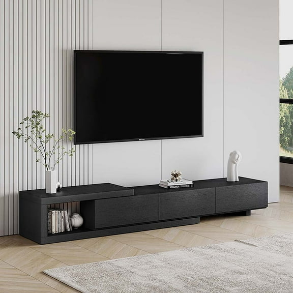 POVISON Modern Retractable Wood TV Stand with 3 Drawers, Open Storage, Oak and Black, 70.86“