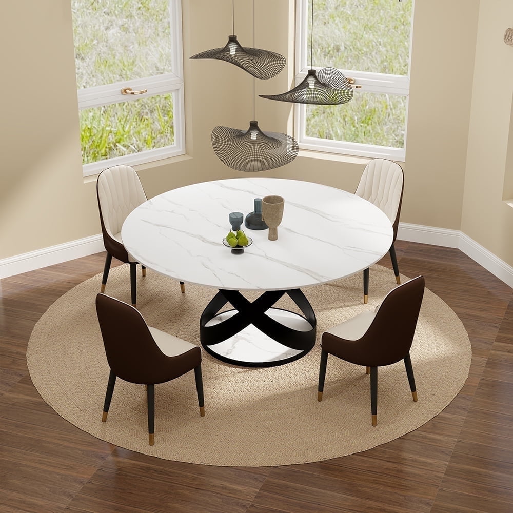 POVISON Modern Round Dining Table Sets for 4, Glossy Sintered Stone ...