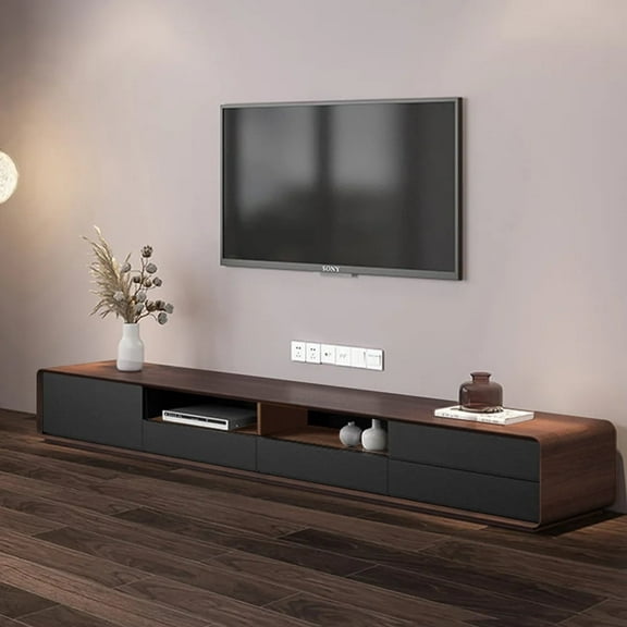 POVISON Modern Wood Black TV Stand, Lowline Media Console with 4 Drawers, Open Storage Cabinet, Walnut Veneer, Fully-assembled, 94"