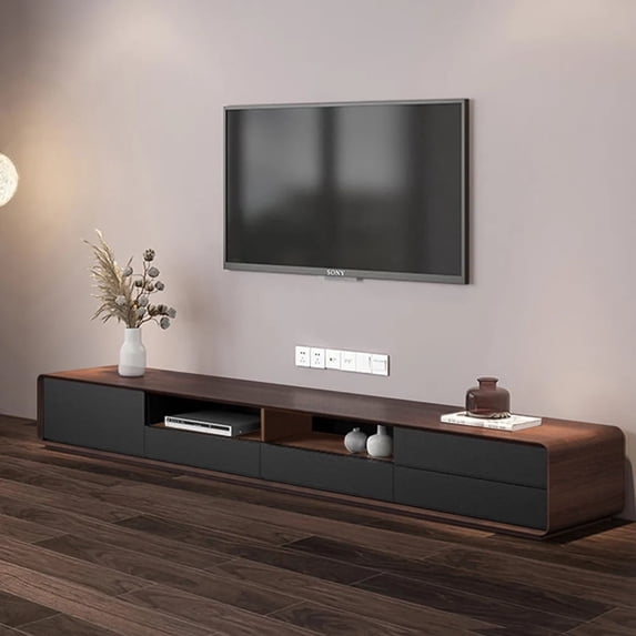 POVISON Modern Wood Black TV Stand, Lowline Media Console with 4 Drawers, Open Storage Cabinet, Walnut Veneer, Fully-assembled, 94"